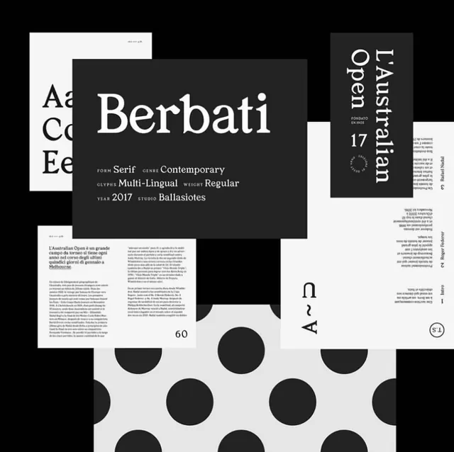 Berbati serif type specimen with geometric layout, editorial, minimal, dark