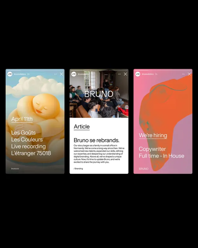 Bruno creative agency rebranding - social story cards, organic, minimal, earthy