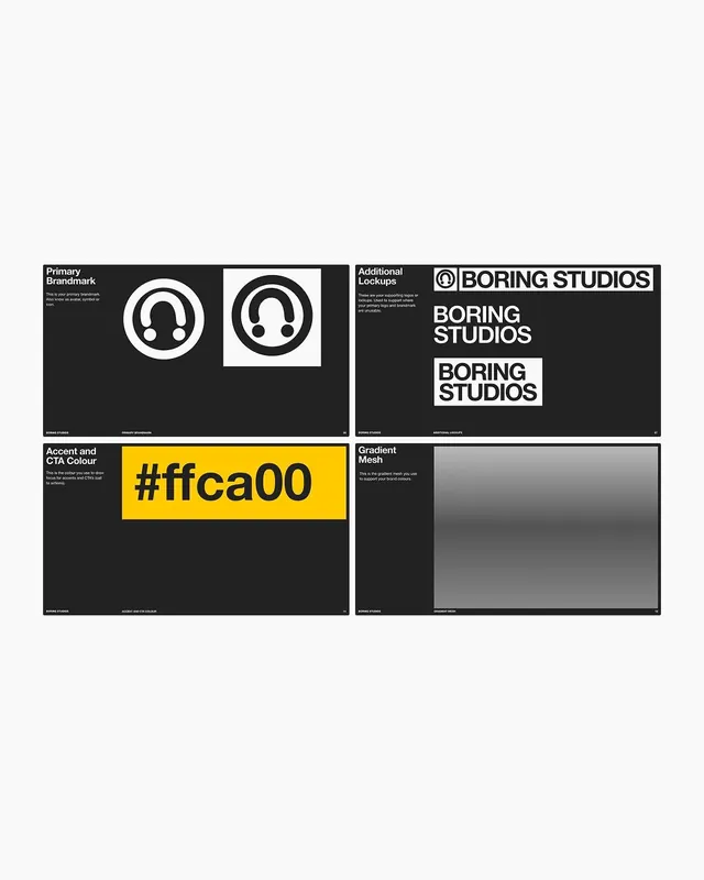 Brand identity system with headphone mark and yellow accent, minimal, corporate-clean, dark