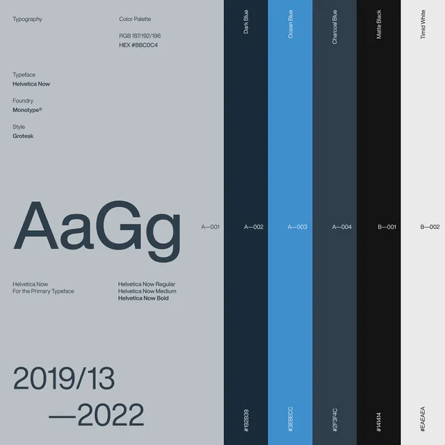 Helvetica Now type specimen with structured color swatch grid, minimal, corporate-clean, dark