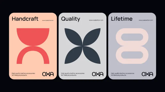 OXA leather brand system with geometric icons, minimal, geometric, dark
