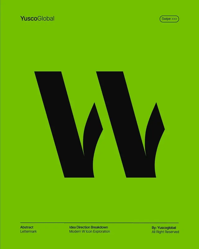 Double-W geometric lettermark on lime background, minimal, geometric, dark