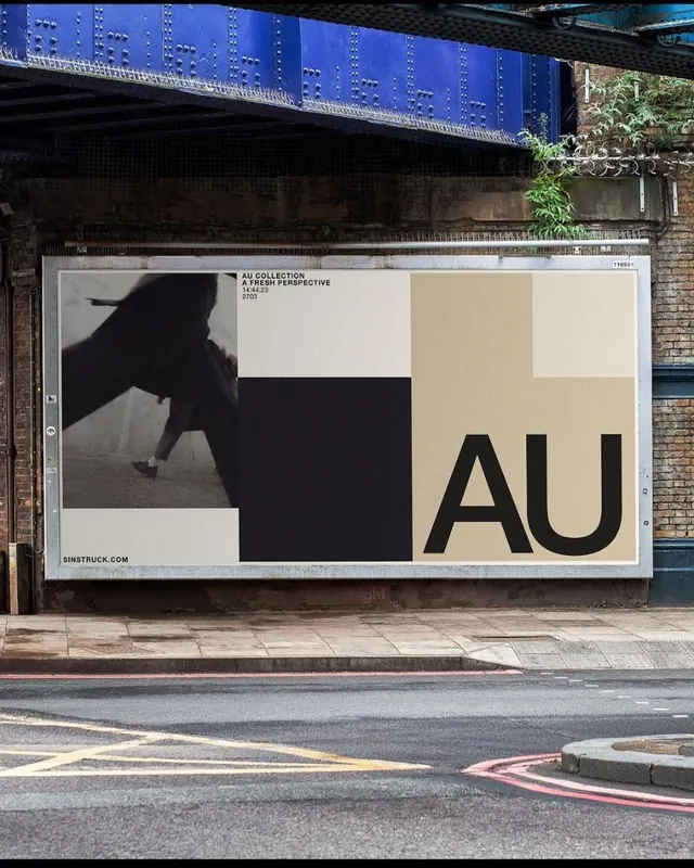 High-contrast outdoor billboard with geometric composition, minimal, photographic, dark