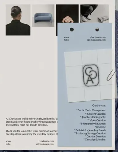 Jewelry consulting identity with grid layout and photography, minimal, corporate-clean, light