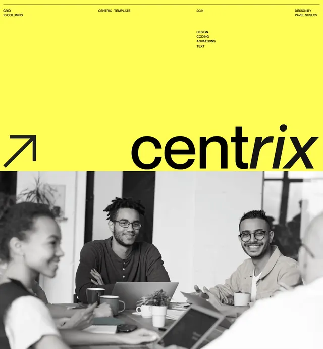 Centrix type specimen with bold display and collaborative imagery, minimal, corporate-clean, warm
