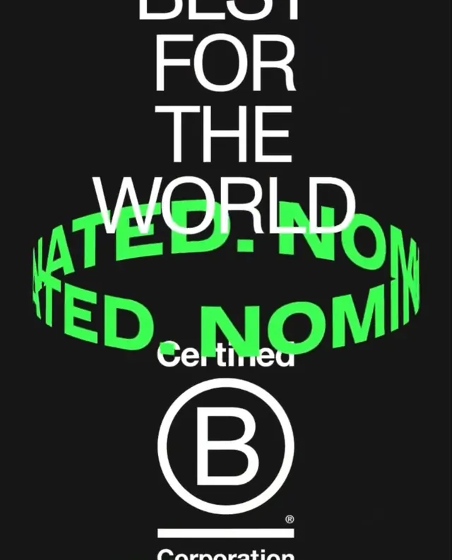 B Corp certification typographic overlay, minimal, corporate-clean, dark