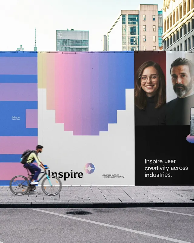 Inspire street-level billboard with gradient shapes, geometric, gradient-heavy, gradient