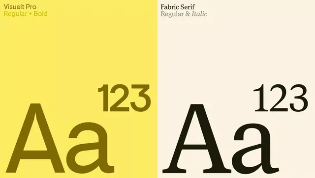 Visuel Pro and Fabric Serif type pairing specimen, minimal, editorial, warm