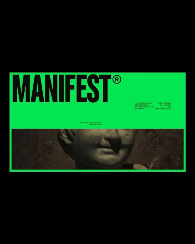 MANIFEST bold neon editorial cover, minimal, editorial, dark