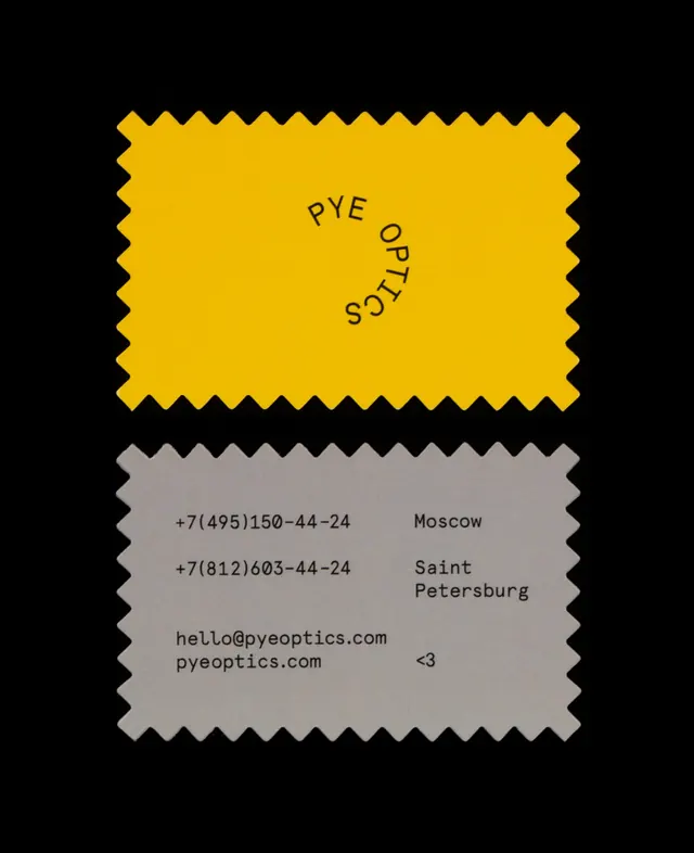 Pye Studio business card with postage stamp design, minimal, geometric, dark