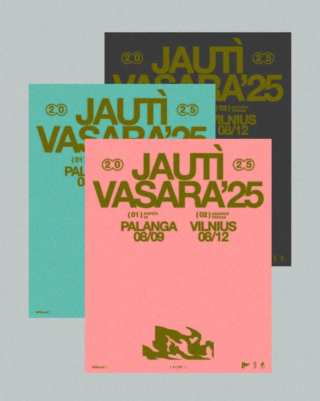 Jauti Vasara'25 festival poster with layered type, editorial, playful, vibrant