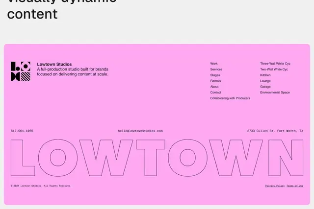 Lowtown Studios hot-pink branding footer, minimal, editorial, vibrant