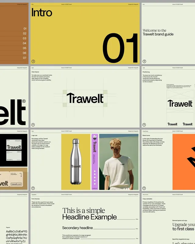 Trawelt brand identity system, minimal, corporate-clean, light