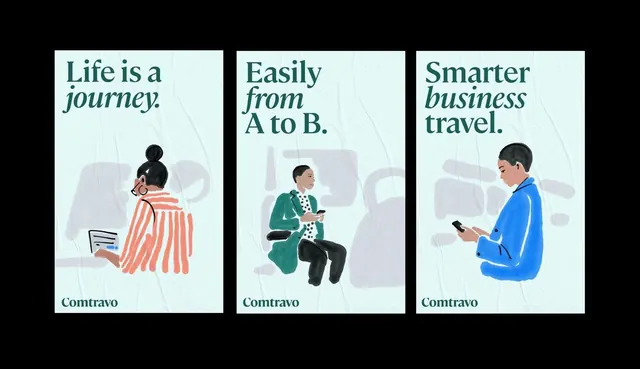 Comtravo travel brand three-panel campaign, minimal, flat, light