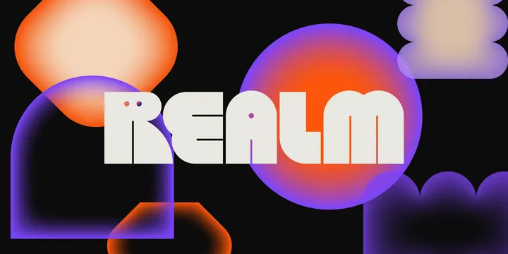 Bold wordmark with vibrant gradient backdrop shapes, gradient-heavy, abstract, dark