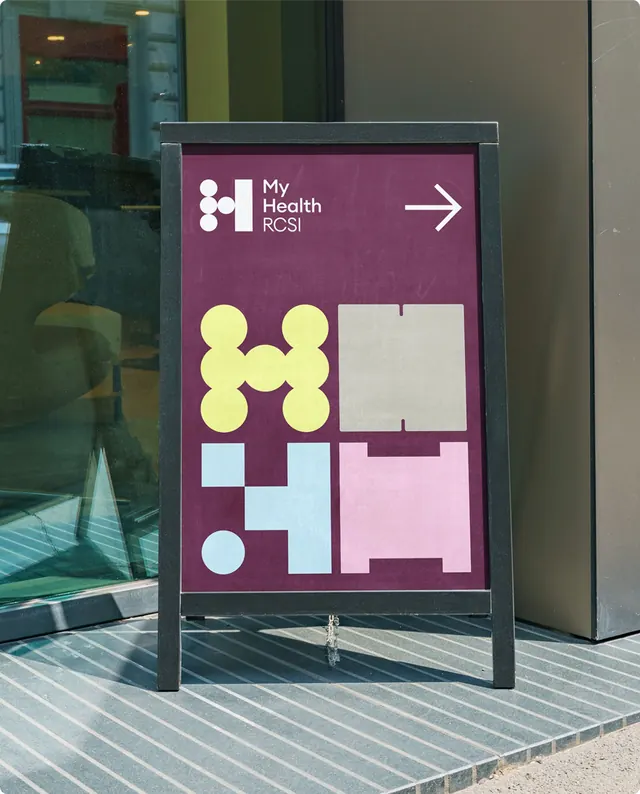 Modular wayfinding sign with geometric icon grid, geometric, corporate-clean, cool