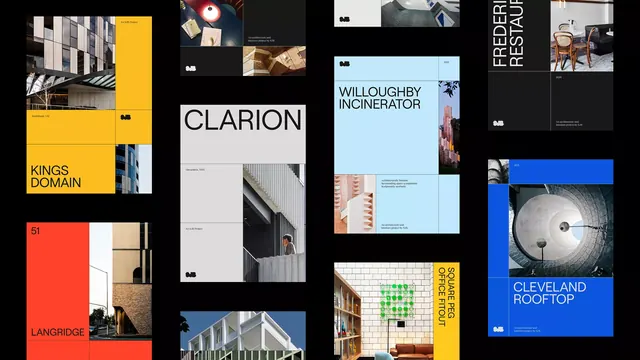 Portfolio grid with color-blocking and photography, minimal, geometric, dark