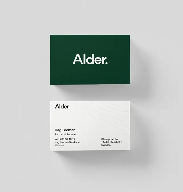 Alder forest-green business card system, minimal, corporate-clean, light