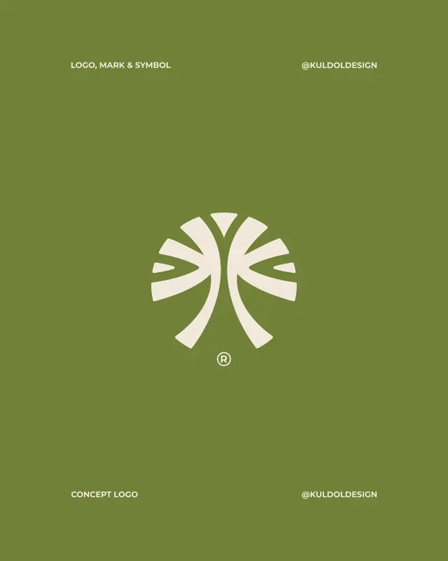 Symmetrical leaf-burst logo in earthy green, minimal, organic, earthy