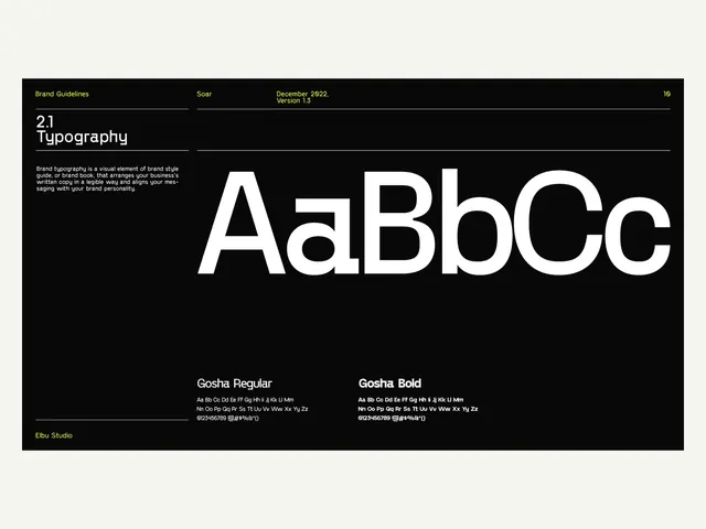 Soar brand guidelines typography page, minimal, corporate-clean, dark