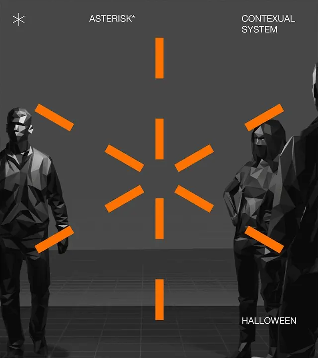 Asterisk contextual system diagram, geometric, minimal, dark