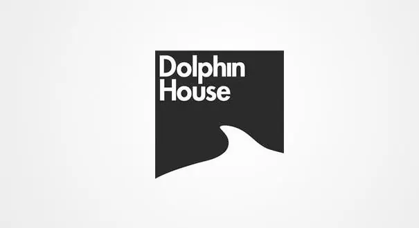 Dolphin House logo with fluid negative space, minimal, geometric, dark
