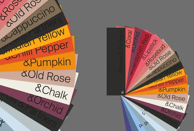 Fan-spread color sample labels with product names, minimal, organic, warm