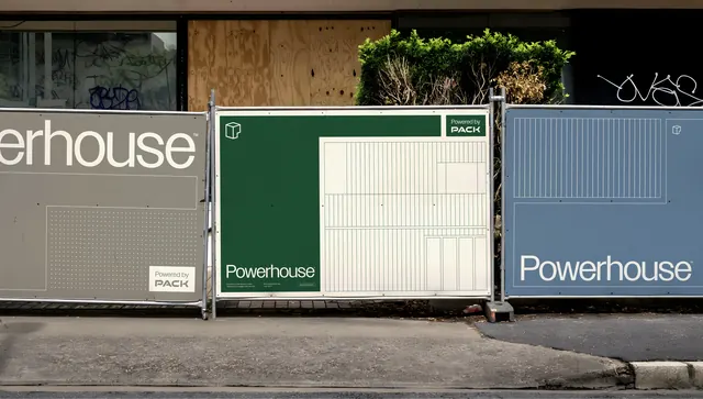 Powerhouse industrial identity system, minimal, corporate-clean, dark