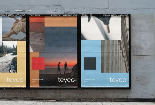 Teyco outdoor poster campaign with geometric overlays, photographic, geometric, dark