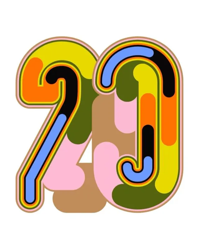 Retro-playful numeral '20' with interlocking organic shapes, playful, maximalist, warm