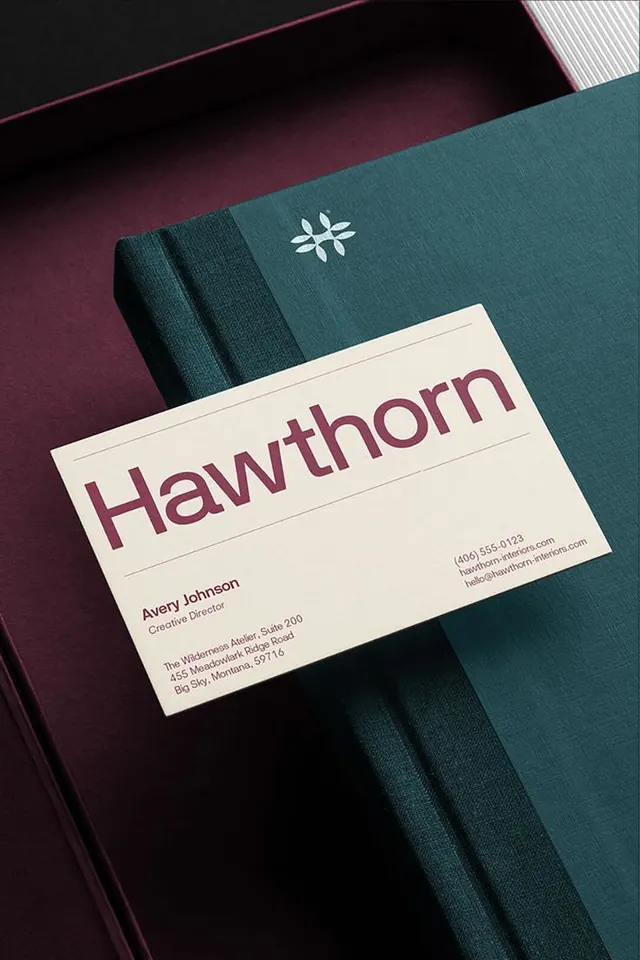 Hawthorn brand identity mockup, minimal, geometric, cool