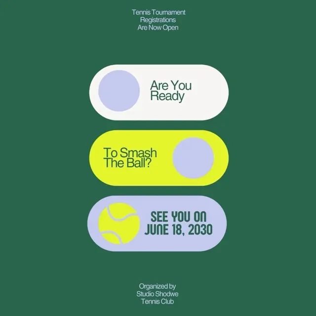 Tennis tournament poster with neon accents and rounded containers, corporate-clean, minimal, cool
