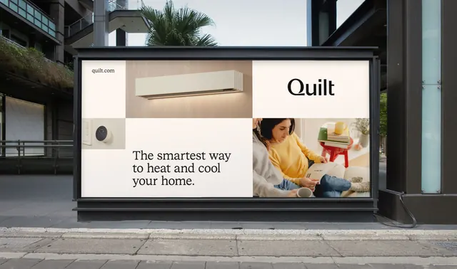 Quilt brand billboard with grid composition, minimal, corporate-clean, light