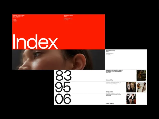 Red header editorial system with photographic grid, editorial, swiss, dark