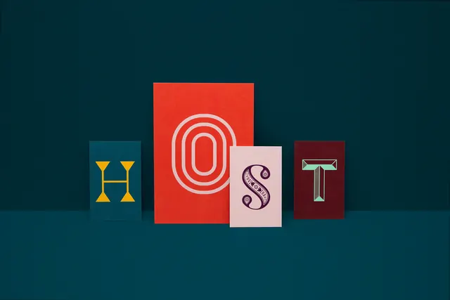 Colorful letter cards with stylized H O S T, minimal, playful, vibrant
