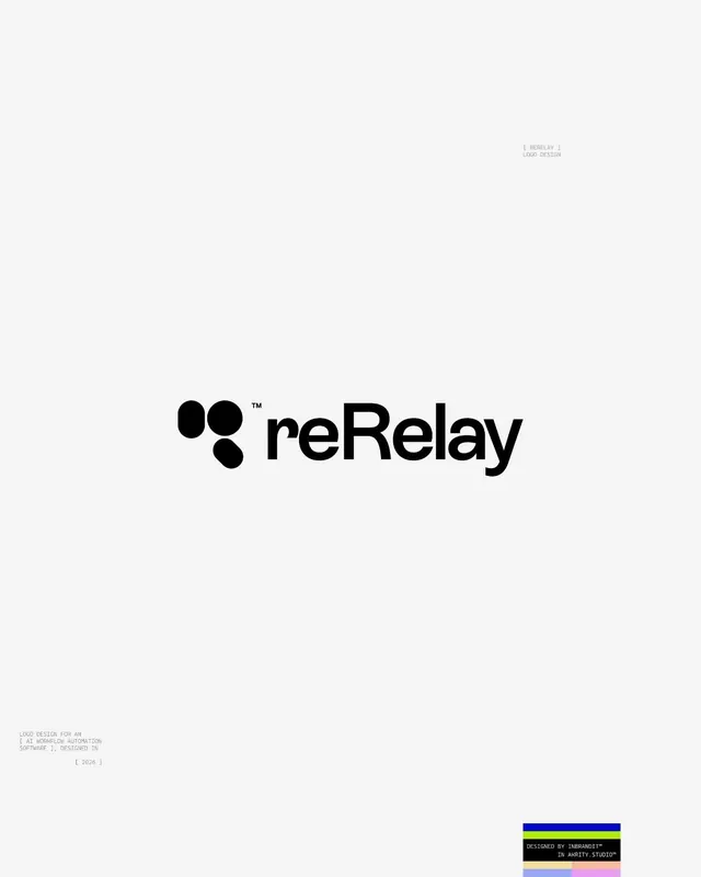 reRelay geometric logo and wordmark, minimal, corporate-clean, dark
