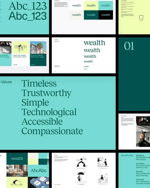 Wealth brand identity with teal and serif typography, minimal, corporate-clean, light