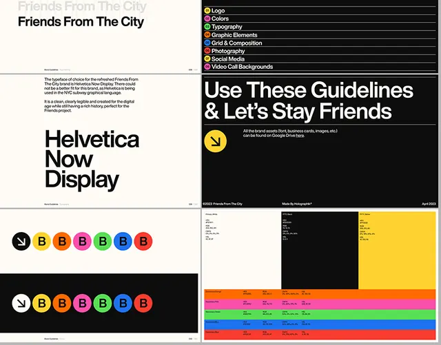 Friends From The City brand system: Helvetica Now + color rings, minimal, corporate-clean, dark