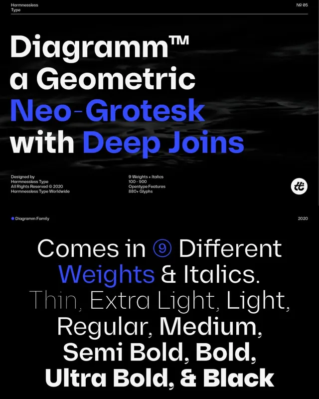 Diagramma geometric neo-grotesque type specimen, geometric, minimal, dark