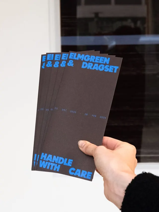 Exhibition announcement cards with bold type, minimal, technical, dark
