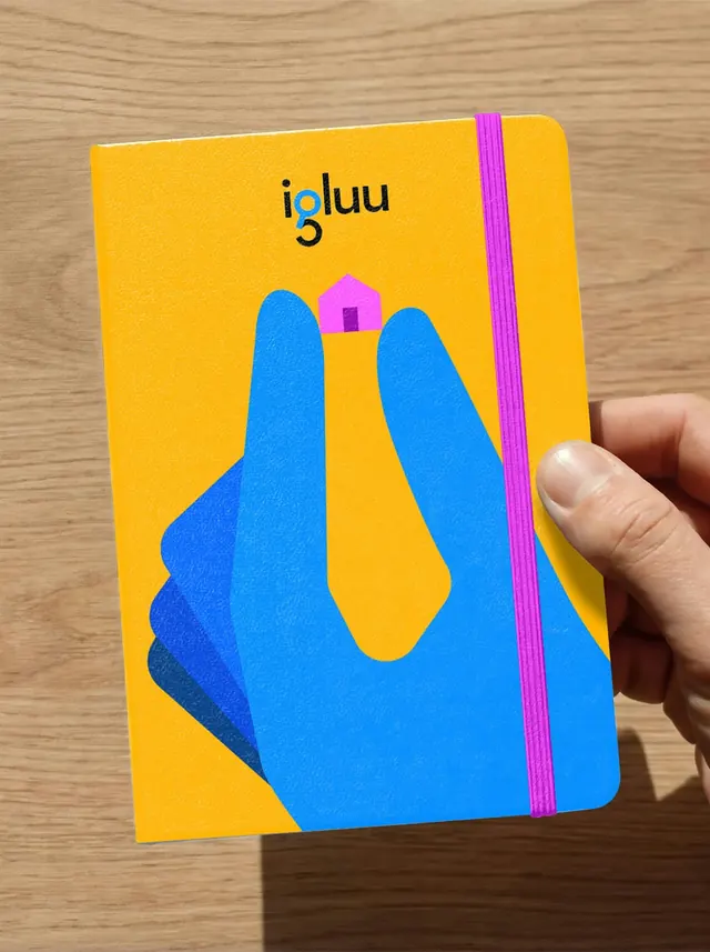 igluu notebook cover: hand gesture + neon branding, minimal, geometric, warm