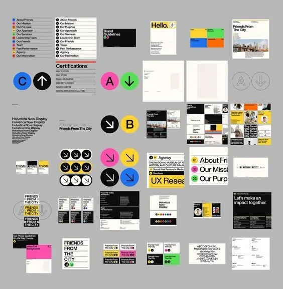 Modular corporate identity system with colored icon marks, minimal, corporate-clean, dark