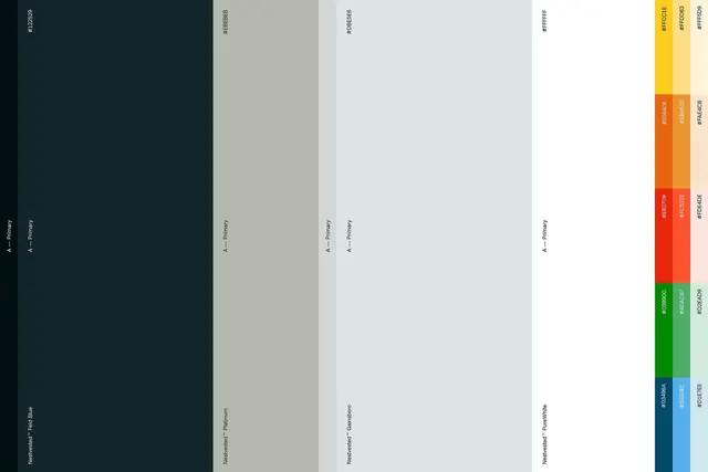Vibrant color-system palette swatch grid, minimal, data-dense, light