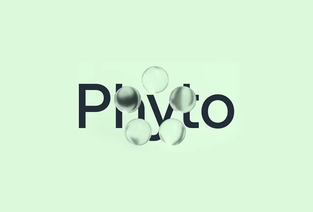 PHYTO wordmark: sans-serif + translucent glass orbs, minimal, geometric, light