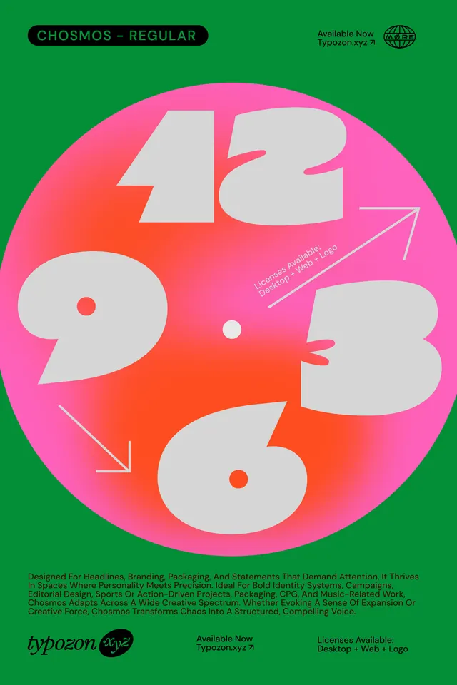 Chomsos typeface specimen with radial numeral display, geometric, gradient-heavy, vibrant