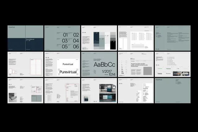 Purevirtual brand guideline document system, minimal, corporate-clean, dark