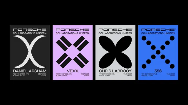 Porsche Collaborations campaign cards, minimal, geometric, dark