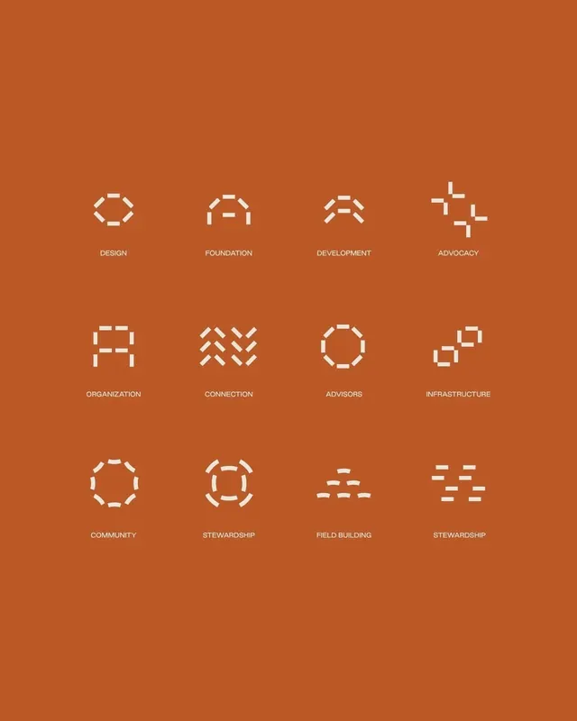Monochrome icon system on burnt orange background, minimal, line-art, warm