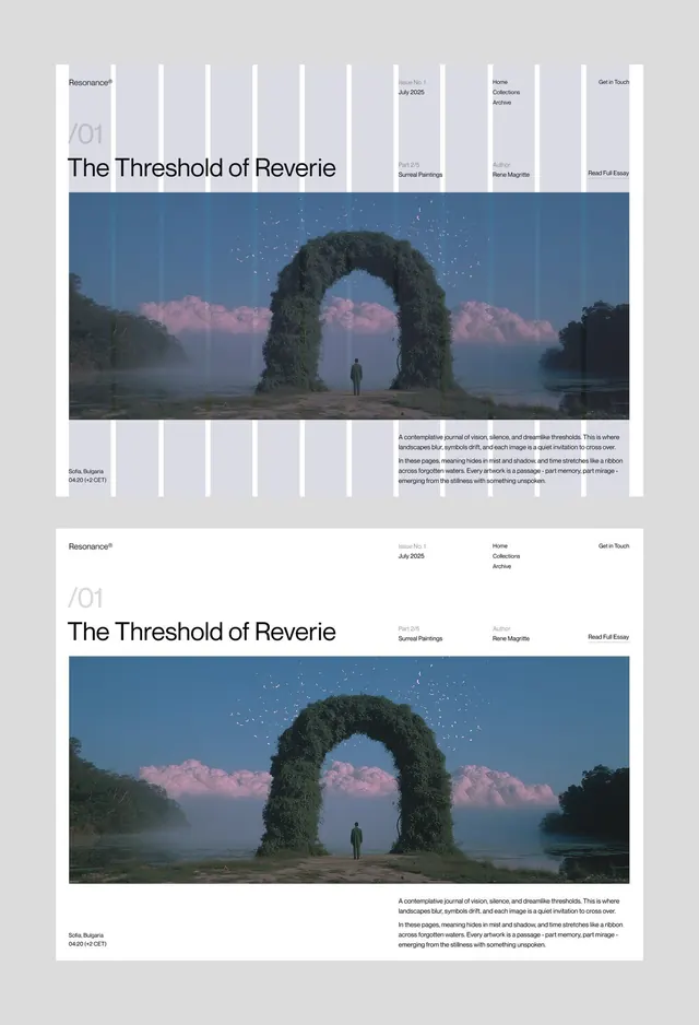 Atmospheric editorial spread with nature archway, minimal, editorial, light