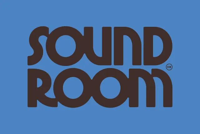 Sound Room wordmark on blue, minimal, flat, vibrant